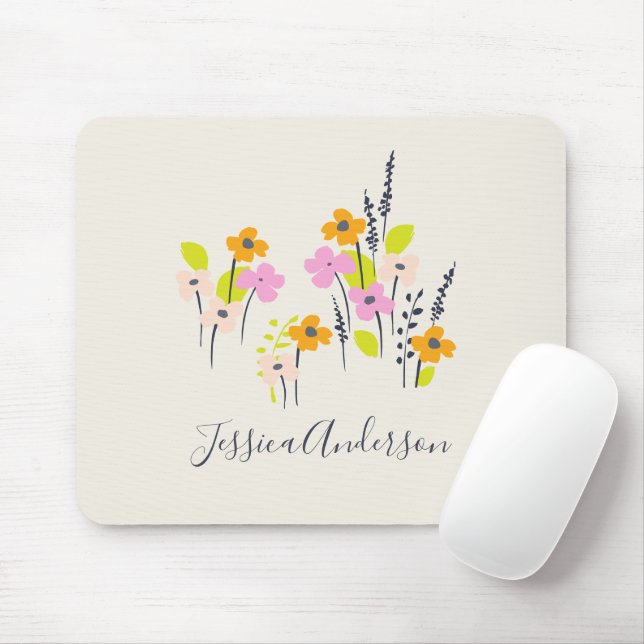 Cute Pink and Green Flowers | Personalised Name Mouse Pad (With Mouse)