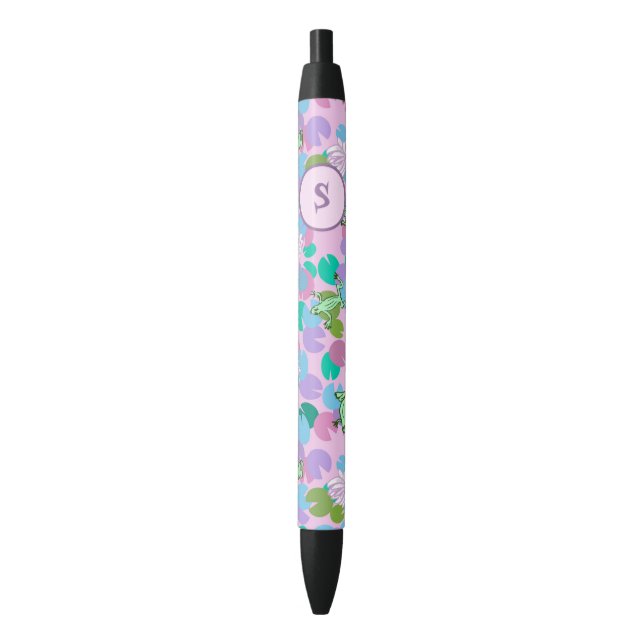 Cute Pink and Green Frogs Custom Monogram Initial Black Ink Pen (Front Vertical)