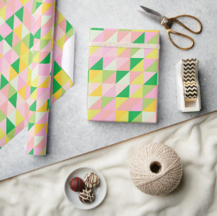 Cute Pink and Green Geometric Pattern Aesthetic Wrapping Paper