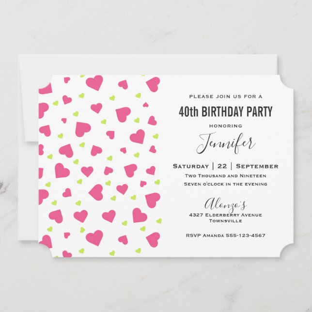 Cute Pink and Green Hearts Pattern Birthday Invitation (Front)