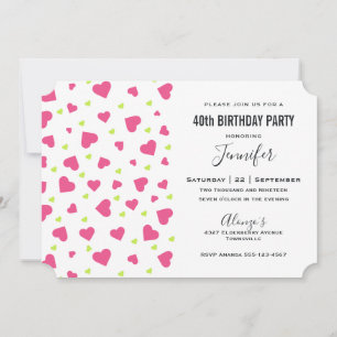 Cute Pink and Green Hearts Pattern Birthday Invitation