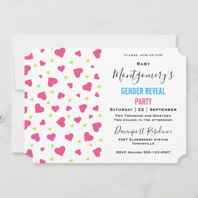 Cute Pink and Green Hearts Pattern Gender Reveal Invitation (Front)