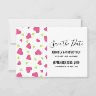 Cute Pink and Green Hearts Pattern Wedding Save The Date