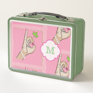 Cute pink and green metal lunch box