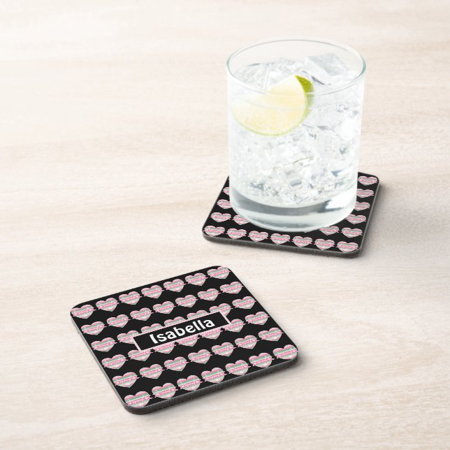 Cute Pink And Green Spring Hearts Coaster (Right Side)
