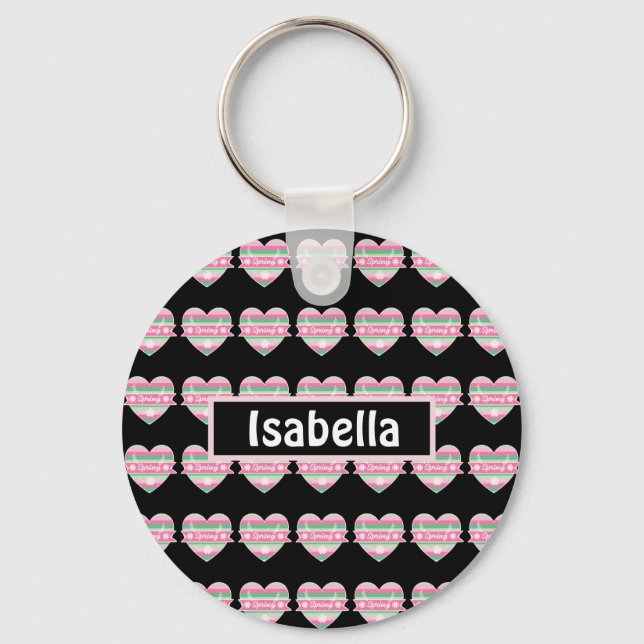 Cute Pink And Green Spring Hearts Key Ring (Front)