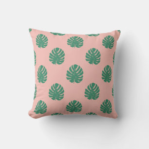 Cute Pink and Green Tropical Monstera Leaf Pattern Cushion