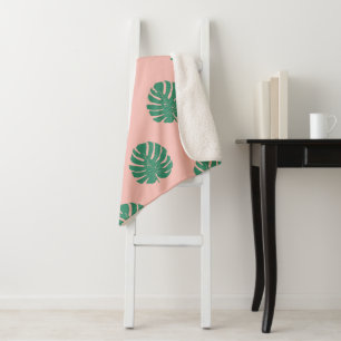 Cute Pink and Green Tropical Monstera Leaf Pattern Sherpa Blanket
