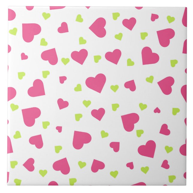 Cute Pink and Green Tumbling Hearts Pattern Ceramic Tile (Front)