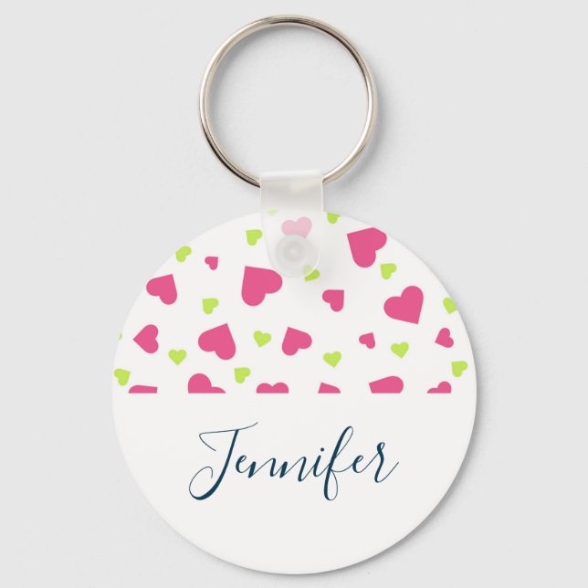 Cute Pink and Green Tumbling Hearts Pattern Key Ring (Front)