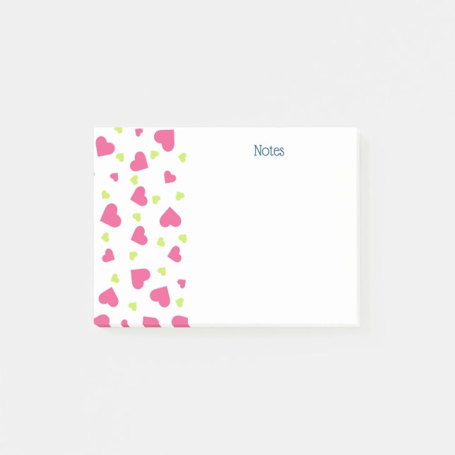 Cute Pink and Green Tumbling Hearts Pattern Post-it Notes (Front)