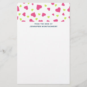 Cute Pink and Green Tumbling Hearts Pattern Stationery