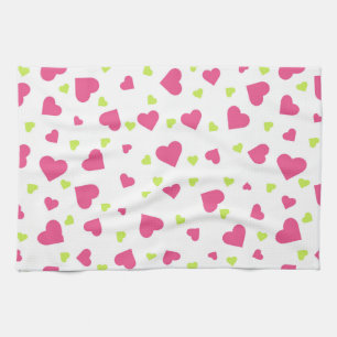 Cute Pink and Green Tumbling Hearts Pattern Tea Towel