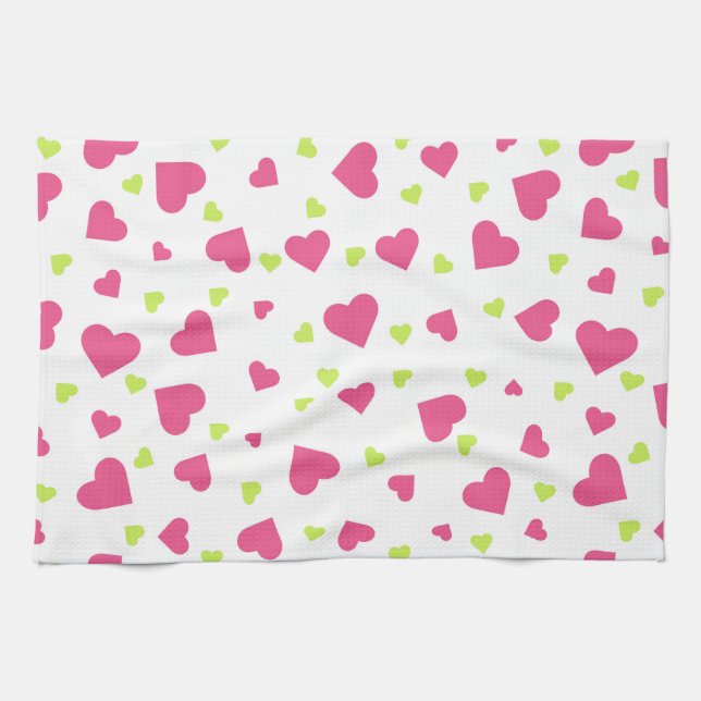 Cute Pink and Green Tumbling Hearts Pattern Tea Towel (Horizontal)