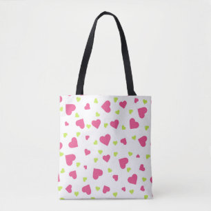 Cute Pink and Green Tumbling Hearts Pattern Tote Bag