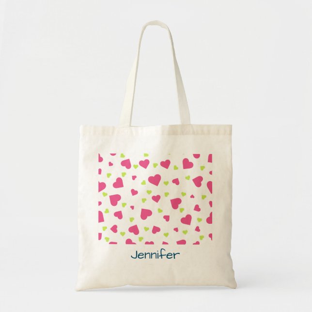 Cute Pink and Green Tumbling Hearts Pattern Tote Bag (Front)