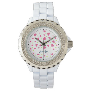 Cute Pink and Green Tumbling Hearts Pattern Watch
