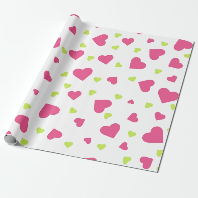 Cute Pink and Green Tumbling Hearts Pattern Wrapping Paper (Unrolled)