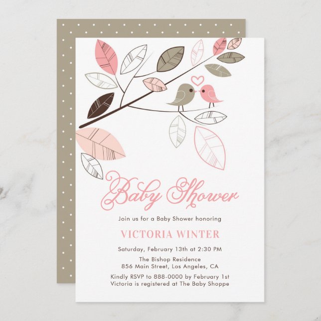 Cute Pink and Grey Birds Botanical Baby Shower Invitation (Front/Back)