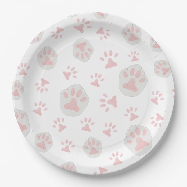 Cute Pink and Grey Cat Paw Pattern Paper Plates (Front)