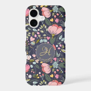 Cute pink and grey floral pattern monogram name