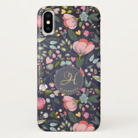 Cute pink and grey floral pattern monogram name