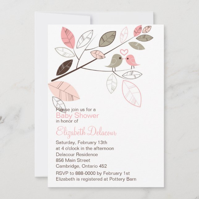 Cute Pink and Grey Lovebirds Spring Baby Shower Invitation (Front)