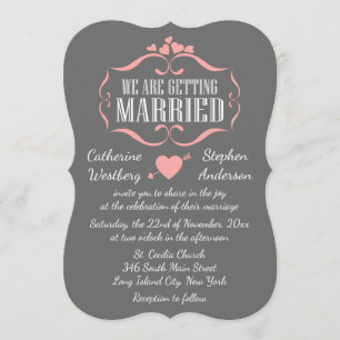 Cute Pink And Grey Wedding Hearts - Grey Invitation