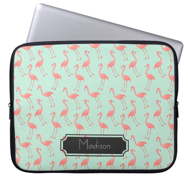 Cute Pink and Mint Flamingo Pattern | Add Name Laptop Sleeve (Front)