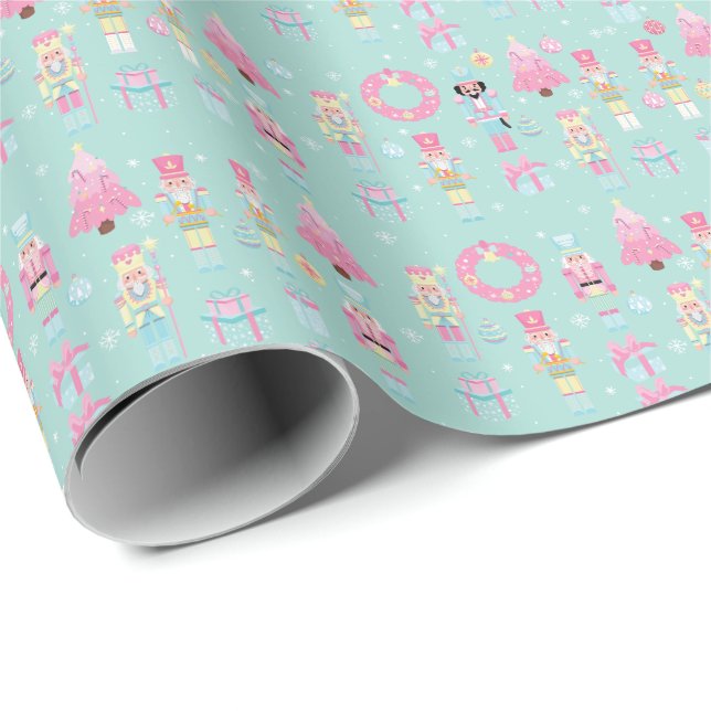 Cute Pink and Mint Green Christmas Nutcracker Wrapping Paper (Roll Corner)