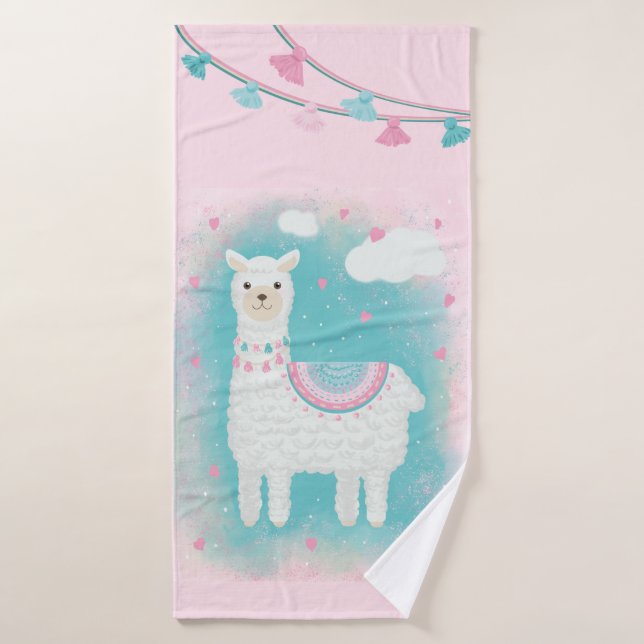 Cute pink and mint llama bath towel (Bath Towel)