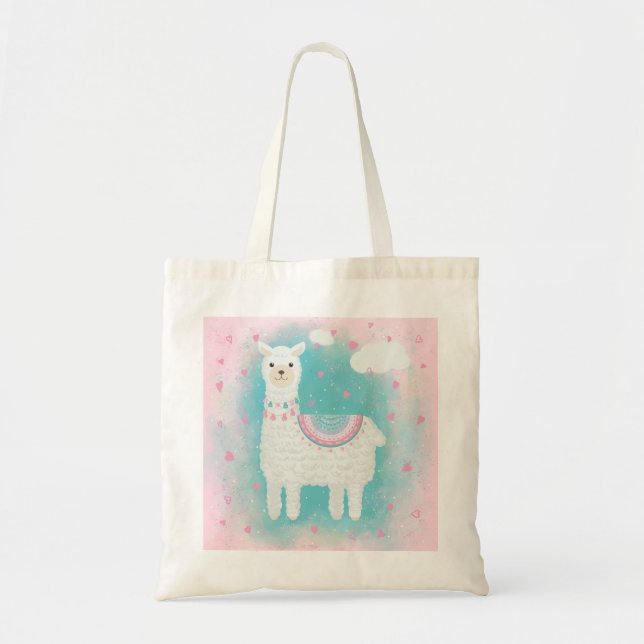 Cute pink and mint llama tote bag (Front)