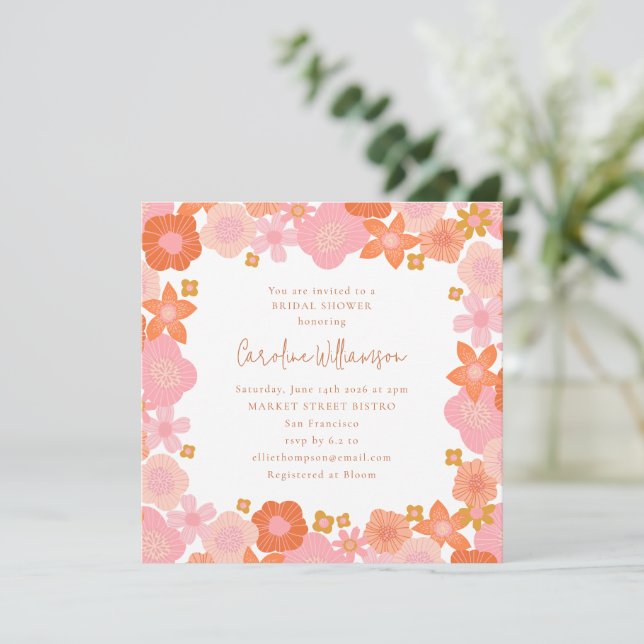 Cute Pink and Orange Floral Border Bridal Shower Invitation (Standing Front)