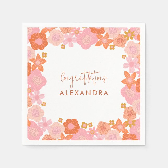 Cute Pink and Orange Floral Border Graduation Napkin (Front)