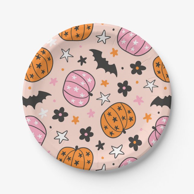 Cute Pink and Orange Halloween Pumpkin Paper Plate (Front)