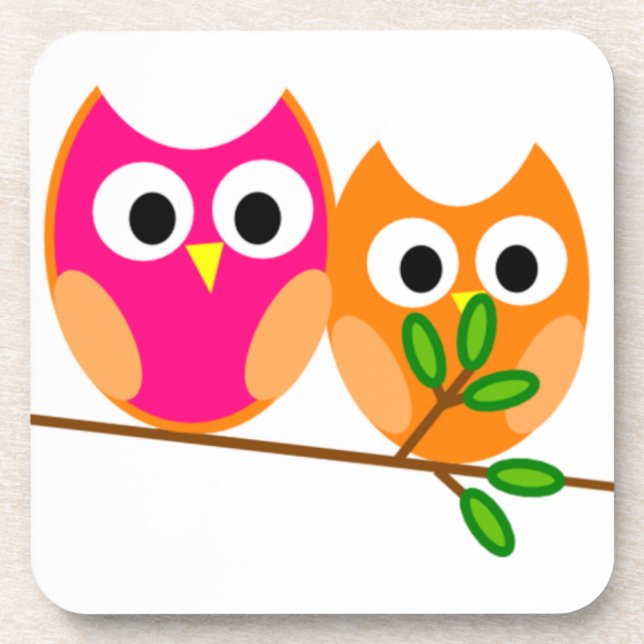 Cute Pink and Orange Owls in Tree Coaster (Front)