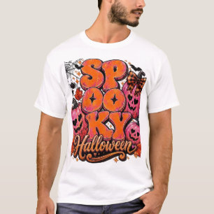 Cute Pink and Orange Spooky Halloween Pumpkin T-Shirt