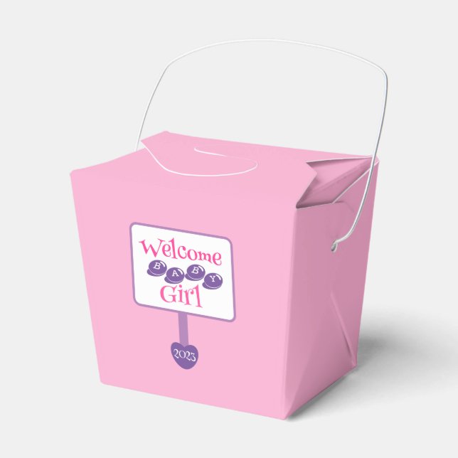 Cute Pink and Purple Baby Girl Shower Signpost Favour Box (Front Side)