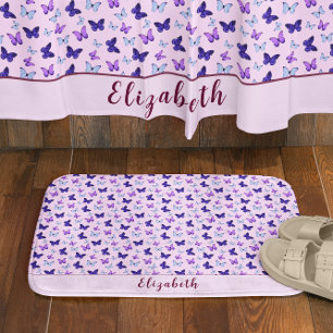 Cute Pink and Purple Butterfly Custom Name Girly Bath Mat