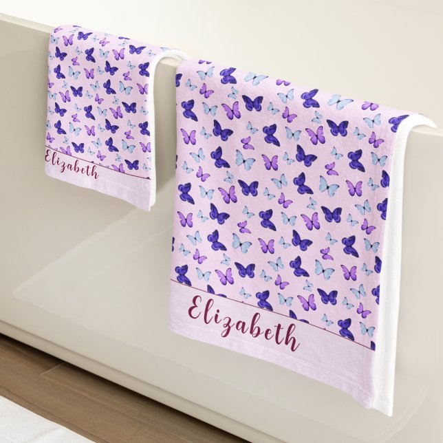 Cute Pink and Purple Butterfly Custom Name Girly Bath Towel Set (Creator Uploaded)