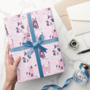 Cute Pink and Purple Cats Kids Birthday Wrapping Paper