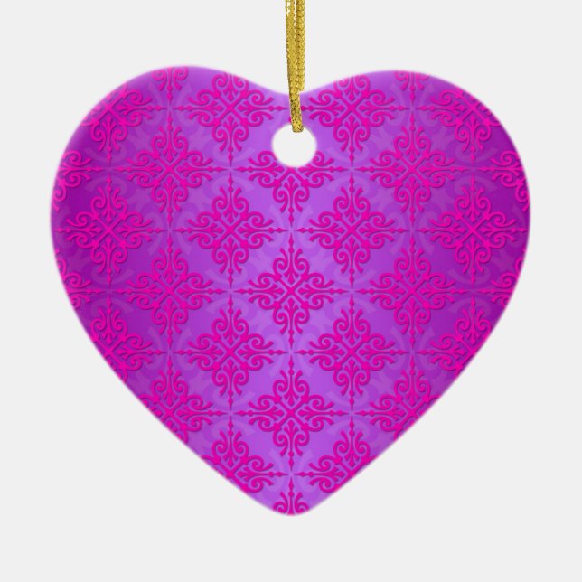 Cute Pink and Purple Damask Pattern Ceramic Ornament (Front)