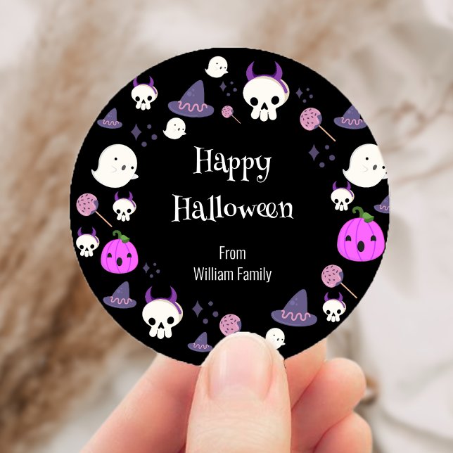 Cute Pink and Purple Ghost Happy Halloween Classic Round Sticker (Cute Pink and Purple Ghost Happy Halloween Classic Round Sticker)