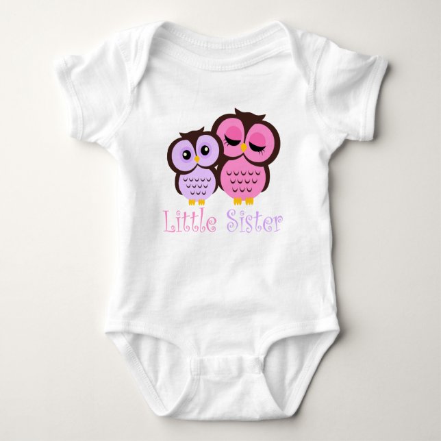 Cute Pink and Purple Owls Little Sister Baby Bodysuit (Front)