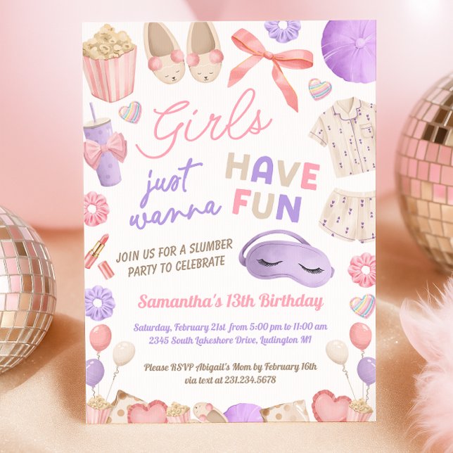 Cute Pink and Purple Slumber Party Birthday Invitation (Sleepover Birthday Party Invitation)