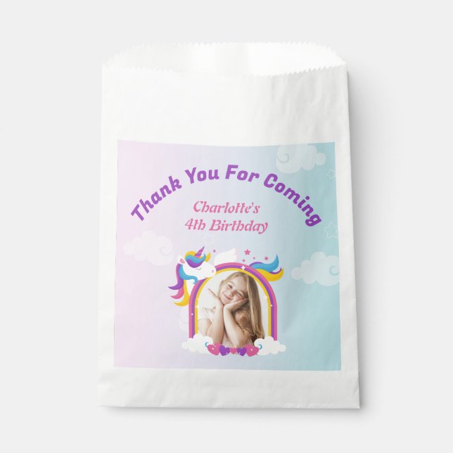 Cute pink and purple unicorn custom photo birthday favour bag (Front)