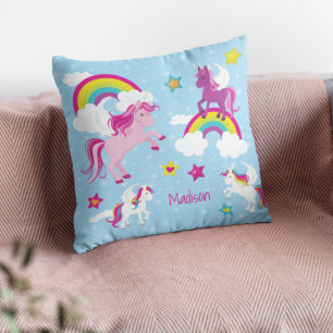 Cute Pink and Purple Unicorns and Rainbows Cushion
