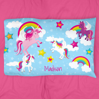 Cute Pink and Purple Unicorns and Rainbows Pillowcase