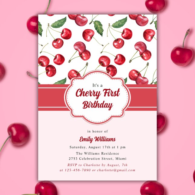 Cute Pink And Red Cherry First Birthday Invitation (Creator Uploaded)