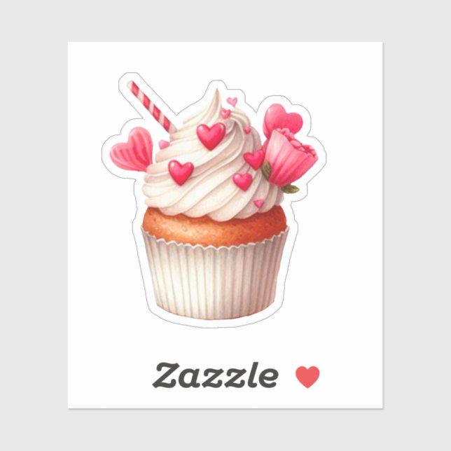 Cute Pink And Red Cupcake With Hearts And Flowers (Sheet)